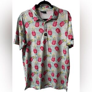 Bad Birdie Polo Mens Medium Golf Shirt Blue Pink Pineapple Print Stretch EUC